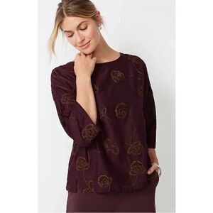 Pure Jill Purple Brown Valley Floral Embroidered Boho Intricate Top